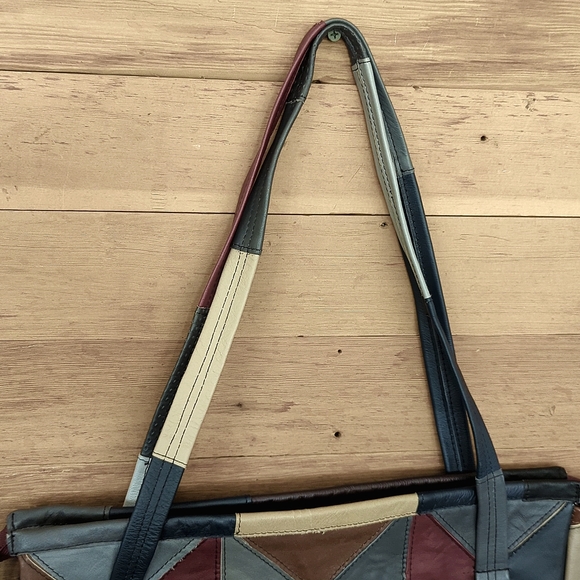 Vintage Retro 60s 70s Patchwork Leather Hippie Bohemian Shoulder Bag Tote Purse - Picture 5 of 8